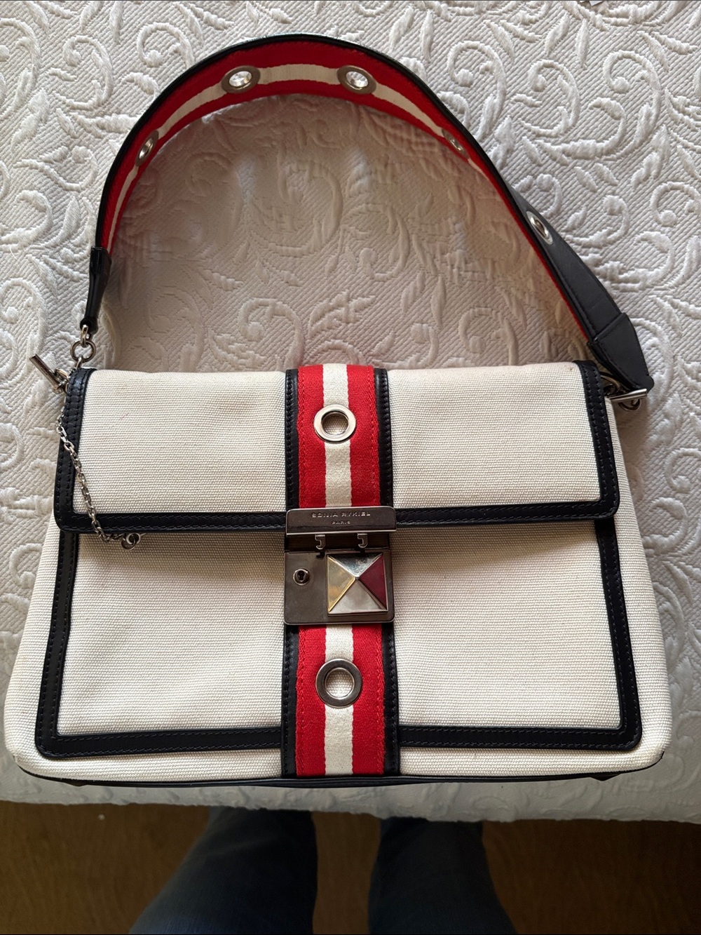 Sonia Rykiel Cream Canvas Shoulder Bag with Red & Black Accents